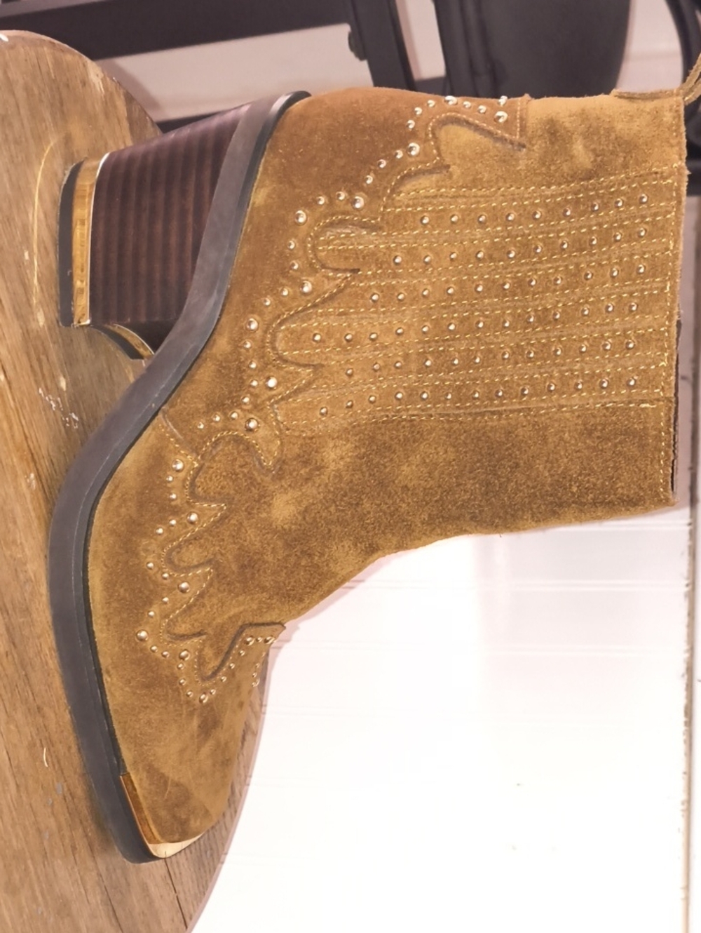 Vince Camuto Mustard Suede Studded Ankle Booties